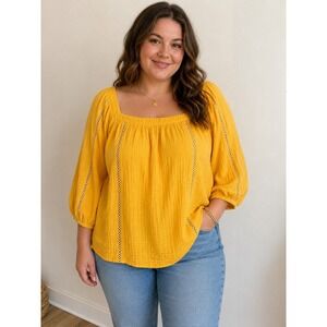 Caffe Marrakesh Mustard Yellow Gauze Peasant Blouse Crochet Trim Plus 2X
